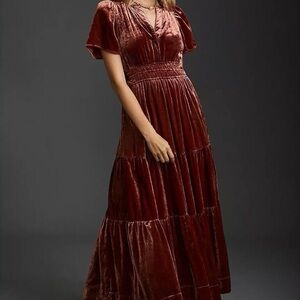 Anthropologie Velvet Tiered Maxi Dress in Wine Red